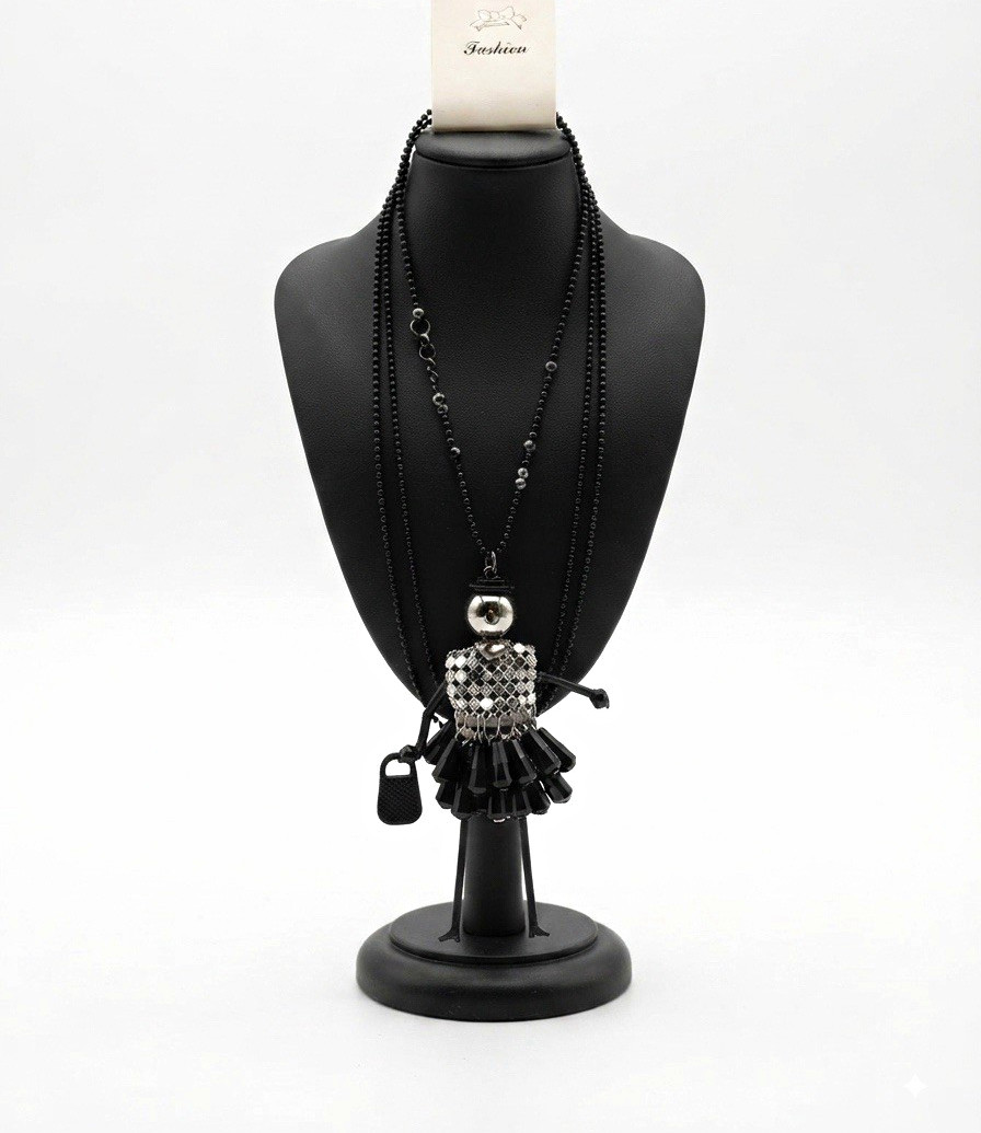 Fashion Black Beaded Ball Chain Necklace, Silver Tone Charm Tassel Pendant