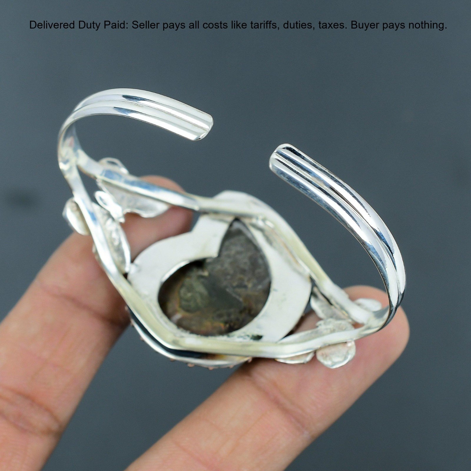 Christmas Deal Ammonite Fossil Gemstone Bezel Bangle Jewelry 925 Sterling Silver