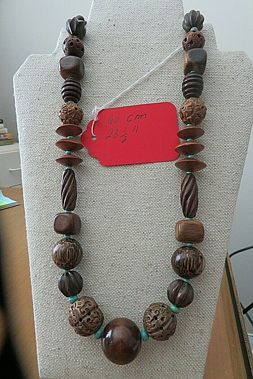 TURQUOISE & Wood ARTISAN 23.5″, 60 cm. Handmade Beaded Necklace, Original, New