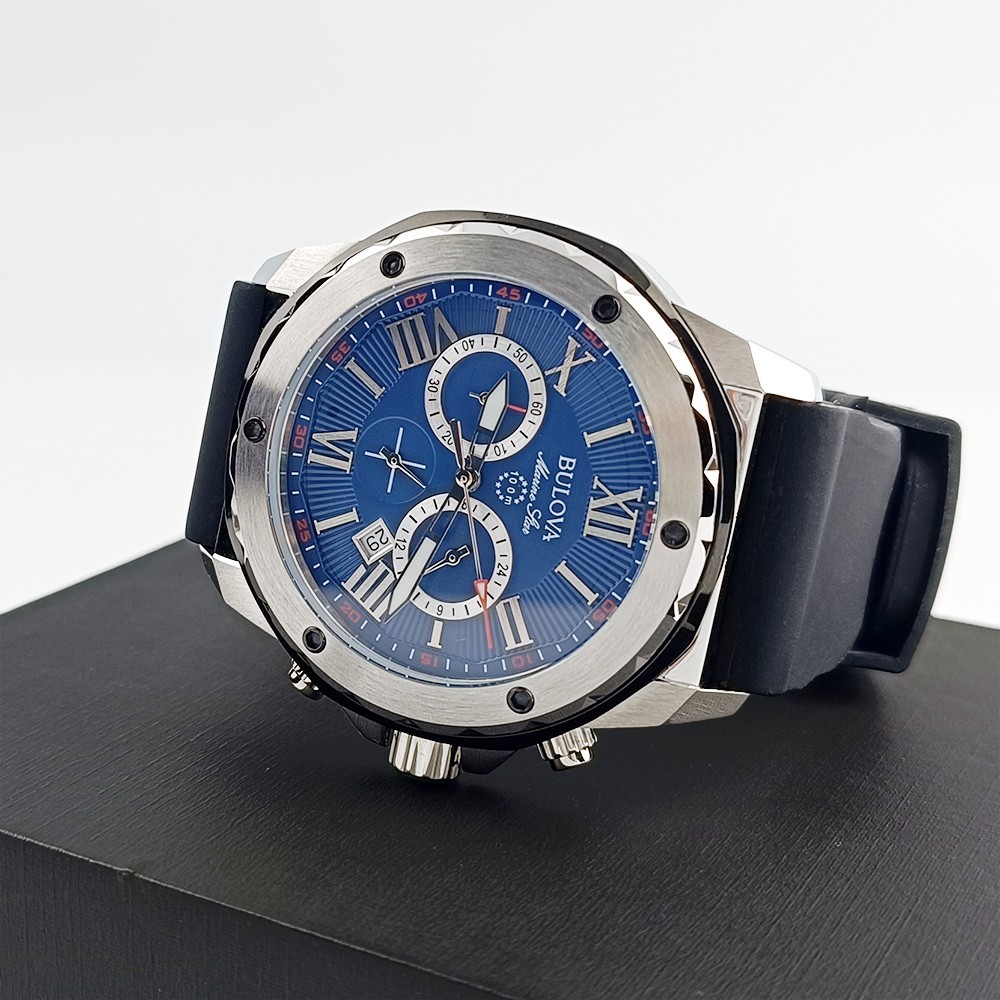 Men’s Bulova Marine Star 98B258 Blue Dial Silicone Strap Chrono Quartz Watch