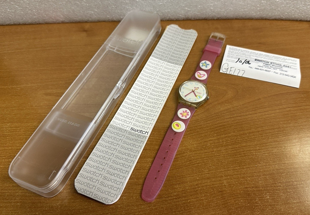Swatch Pink Candy Watch GE177 White Face Vintage Swiss Original Box Paperwork