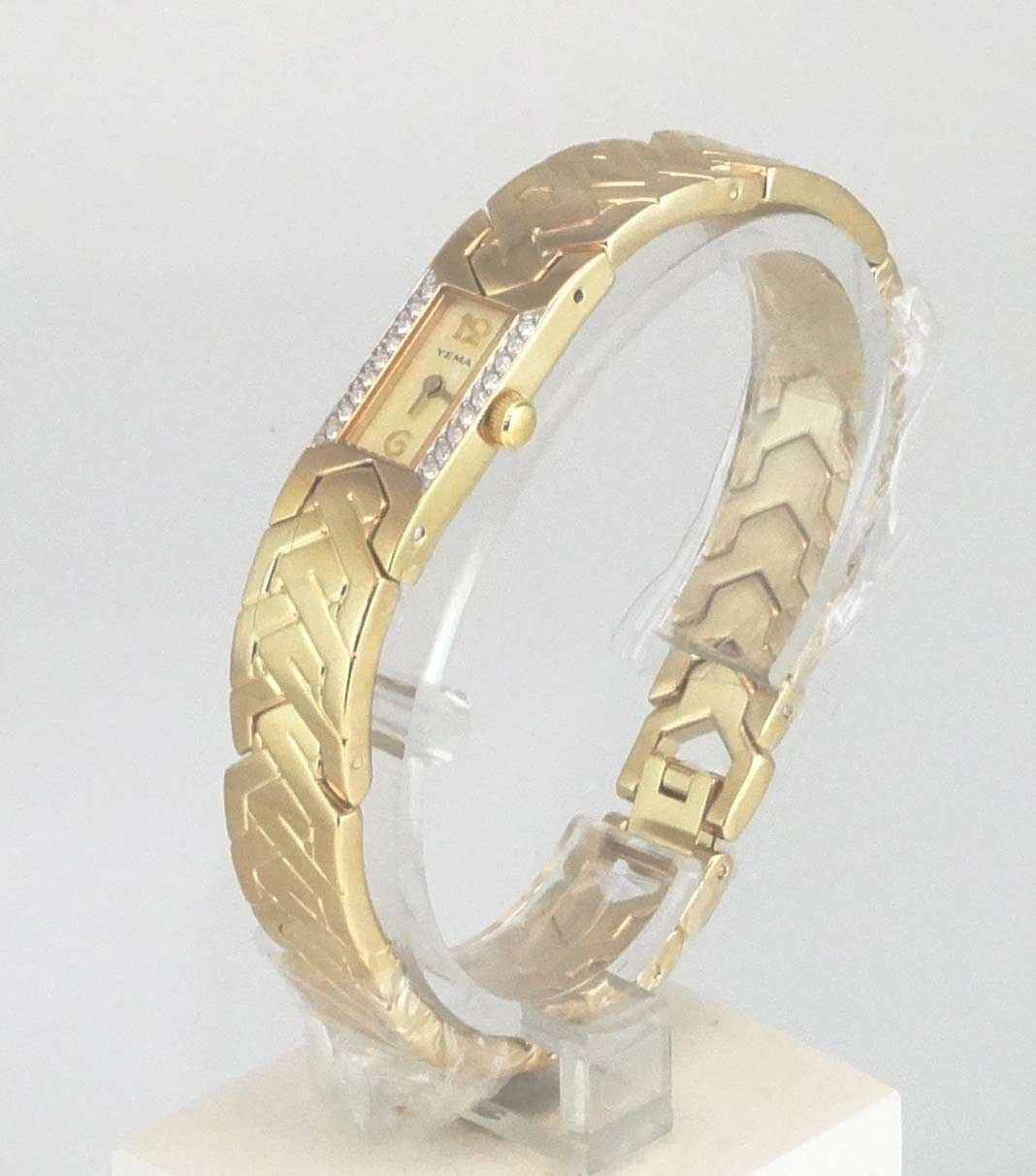YEMA Paris YM900 Wom’s 3-3/4 Ligne Quartz 1/2 Bangle Watch Cub Zir *New Vintage