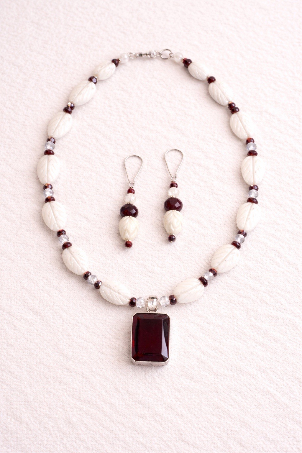 Garnet Necklace Pendant , Abalone Necklace18”/ Earrings 1.5” Special Occasion