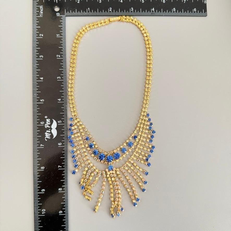 Vintage Blue White AB Rhinestone Bib Necklace 16″ Gold Tone Statement Cocktail