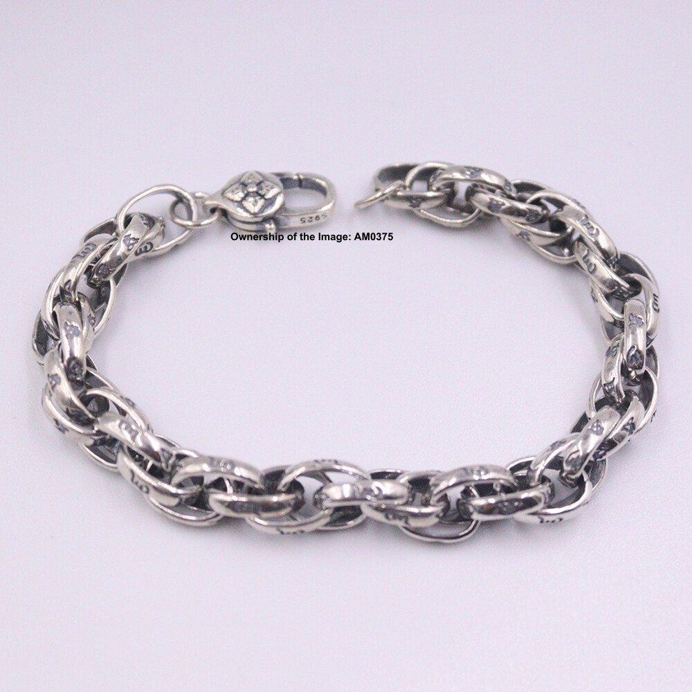 Pure 925 Sterling Silver Men’s Bracelet 8.5mm Six-Word Oval Link Chain 8.26inch