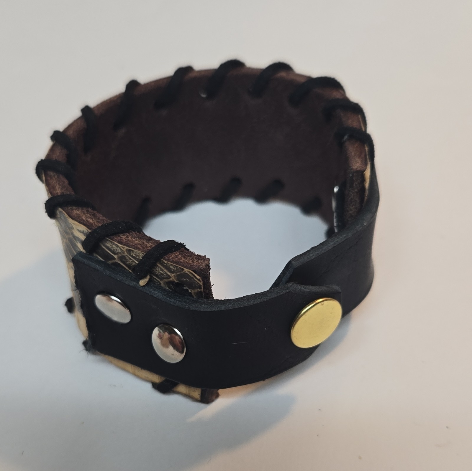 Real Snakeskin / Leather Wide Cuff 9inches Bracelet, Black Lace, Snap Closure