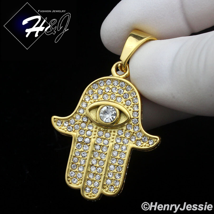 18″-36″MEN Stainless Steel 3mm Gold Plated Box Chain CZ Hamsa Hand Pendant*GP140