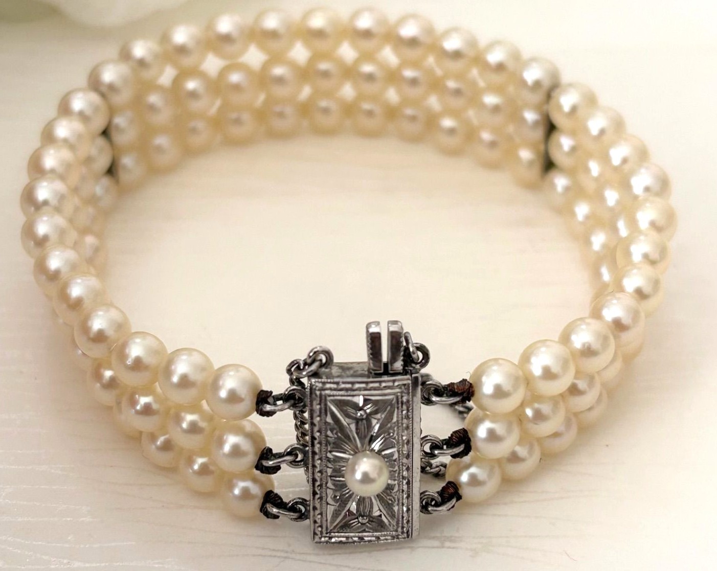 Mikimoto Silver Pearl Bracelet 3-Strand Cream 5.0mm Pearls 16cm(6.3in)