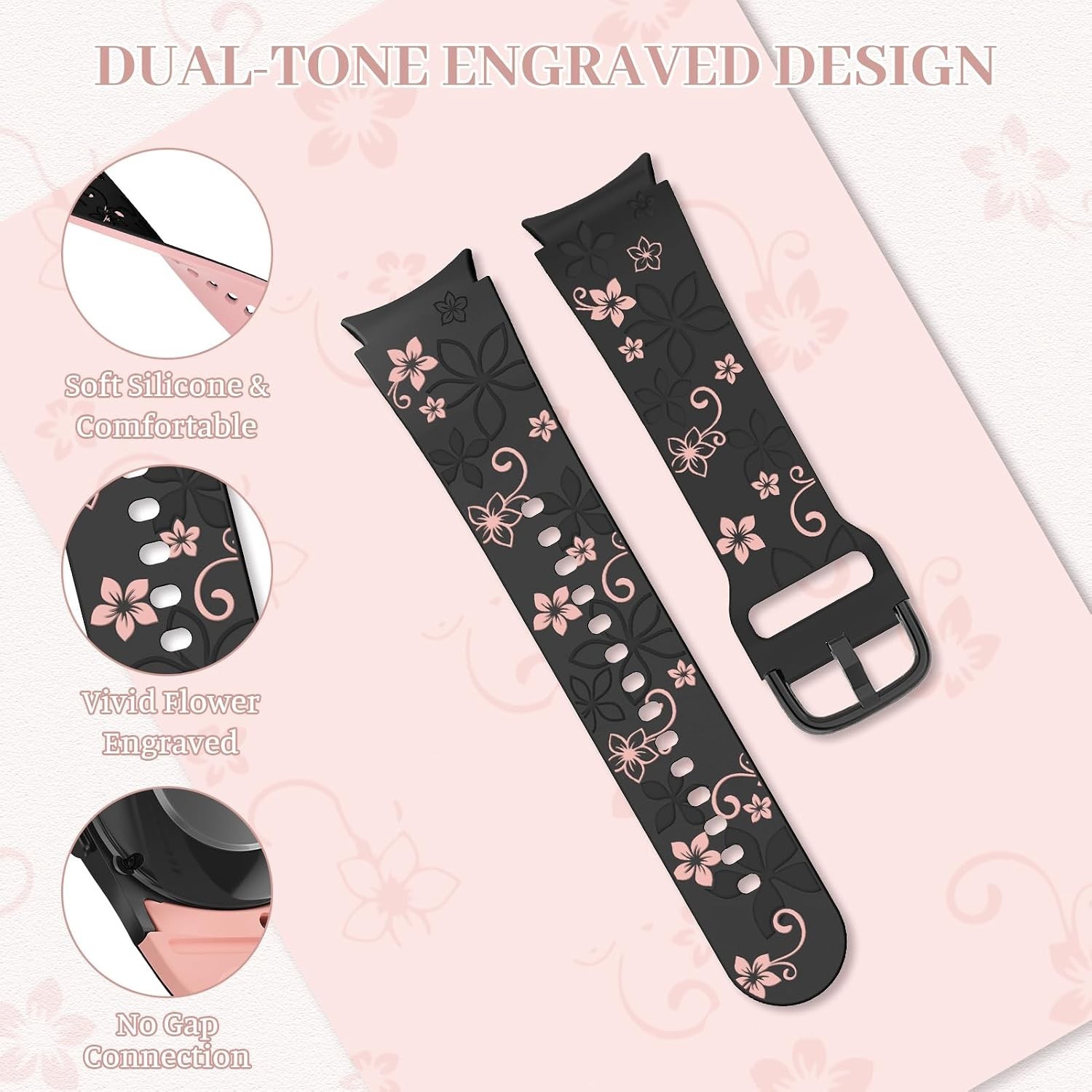 Flower Engraved Band for Samsung Galaxy Watch 7/6/5/4/FE 40mm 44mm/Galaxy Watch