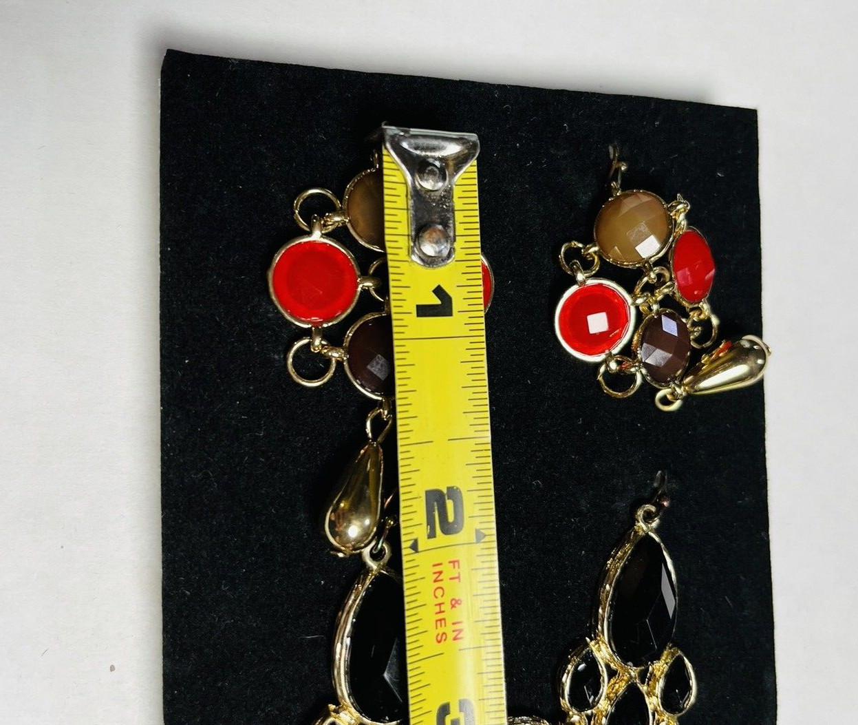 Modern Southwestern Hook Earring Set of 2 Red Black Gold Tone Chandelier 2-2.25″