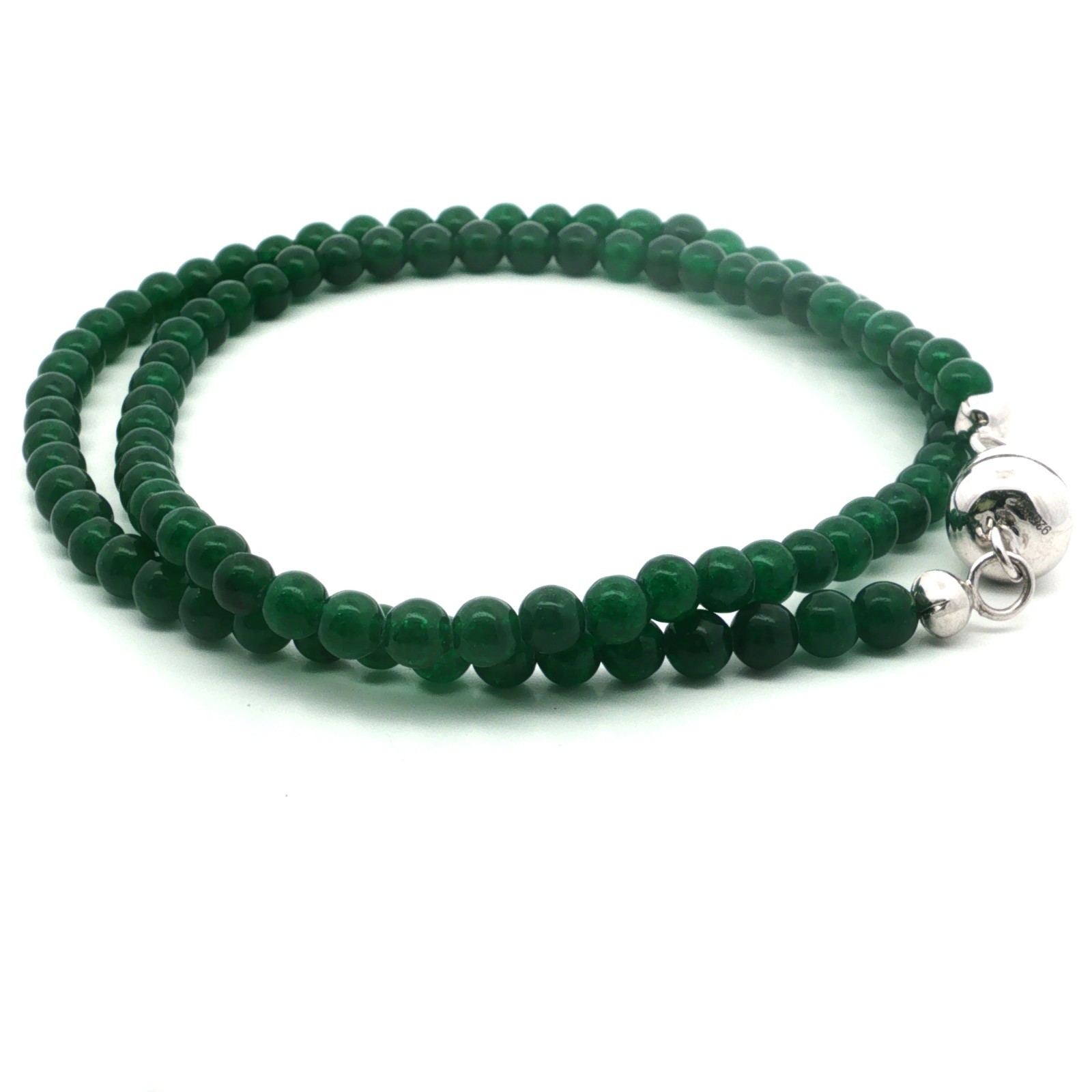 Natural Green Jade Beaded Necklace 45cm in 925 Sterling Silver Rhodium