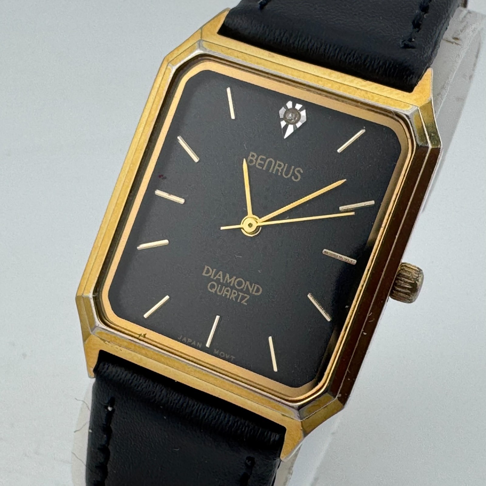 VTG Benrus Quartz Watch Men Gold Tone Black Leather Rectangle Diamond New Batter