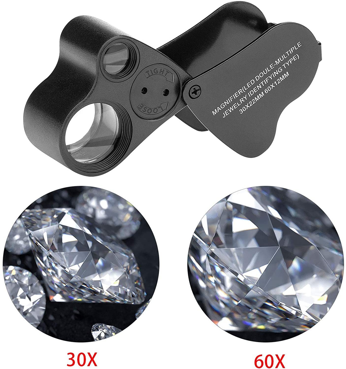 Jewelers Loupe, 2 Pack Magnifying Glass with Light, 30X 60X 90X Jewelers Loop Ma