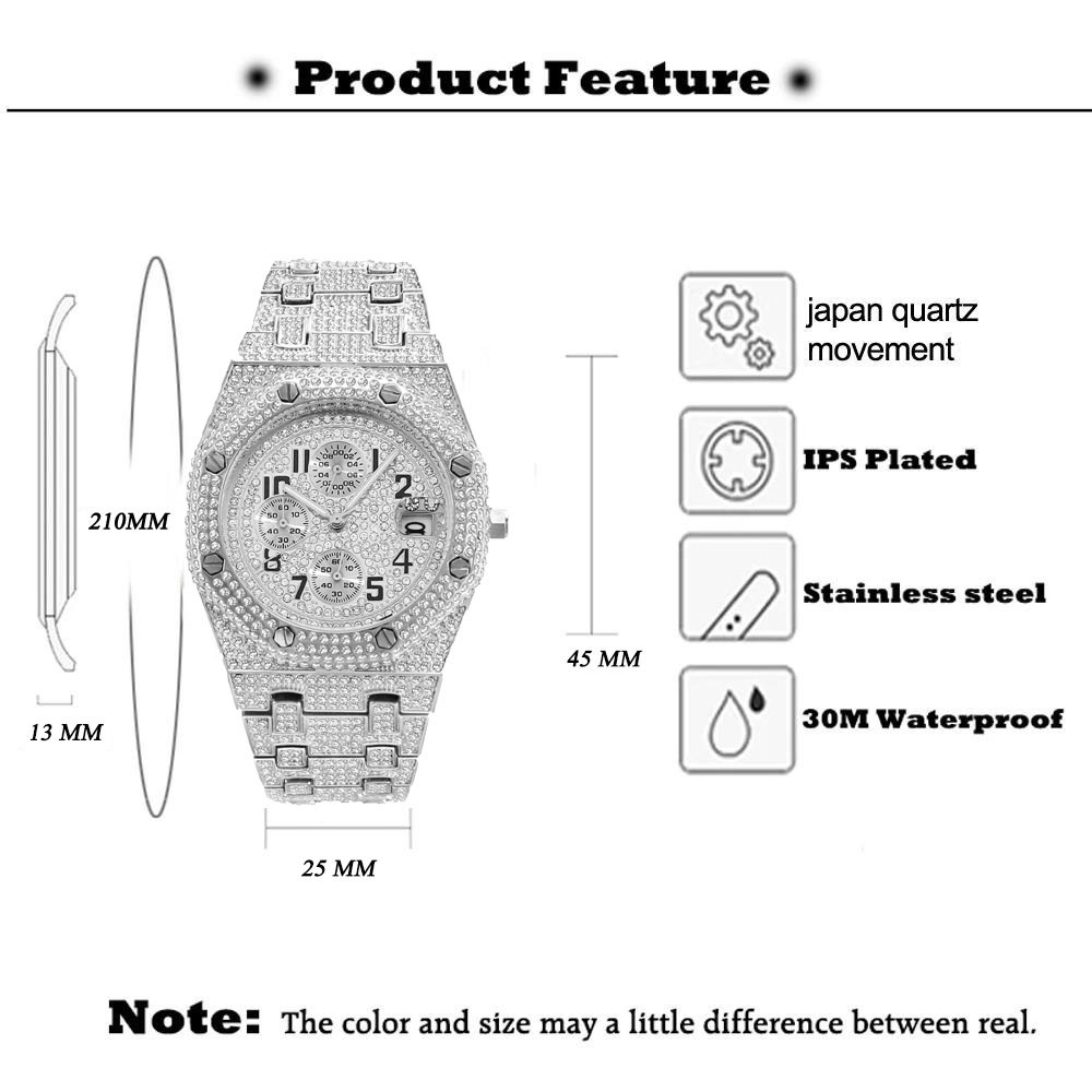 Luxury Chronograph Hip Hop King Bling Ice out Men’s Watch Iced Silver Cz Diamond