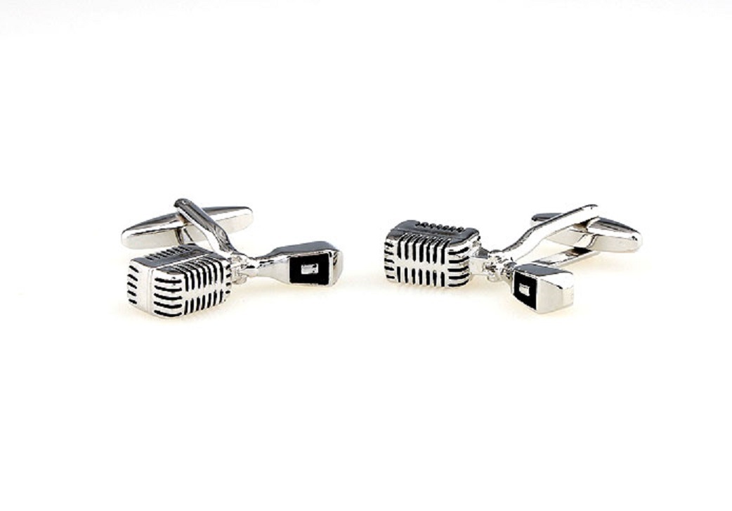 Microphone Pair Cufflinks Silver Black DJ Wedding Gift Box & Polishing Cloth