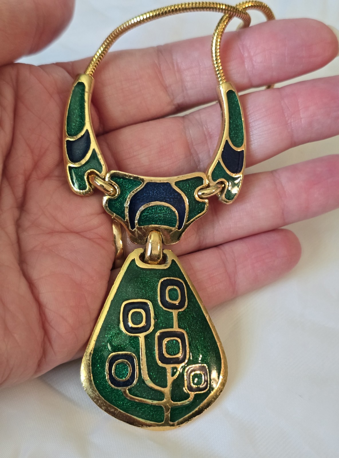 Vintage 1970s Blue & Green Enamel Gold Tone Collar Necklace, made in Thailand