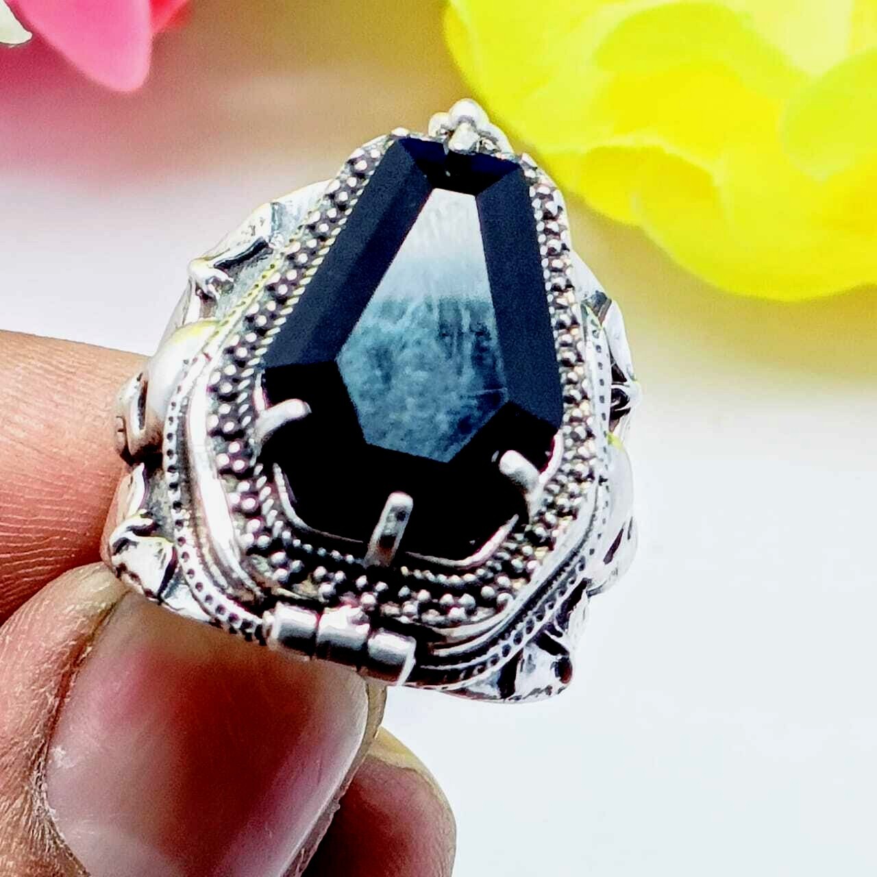 Skull Coffin Poison Ring, Black Onyx Gemstone 925 Silver Handmade Poison Ring,