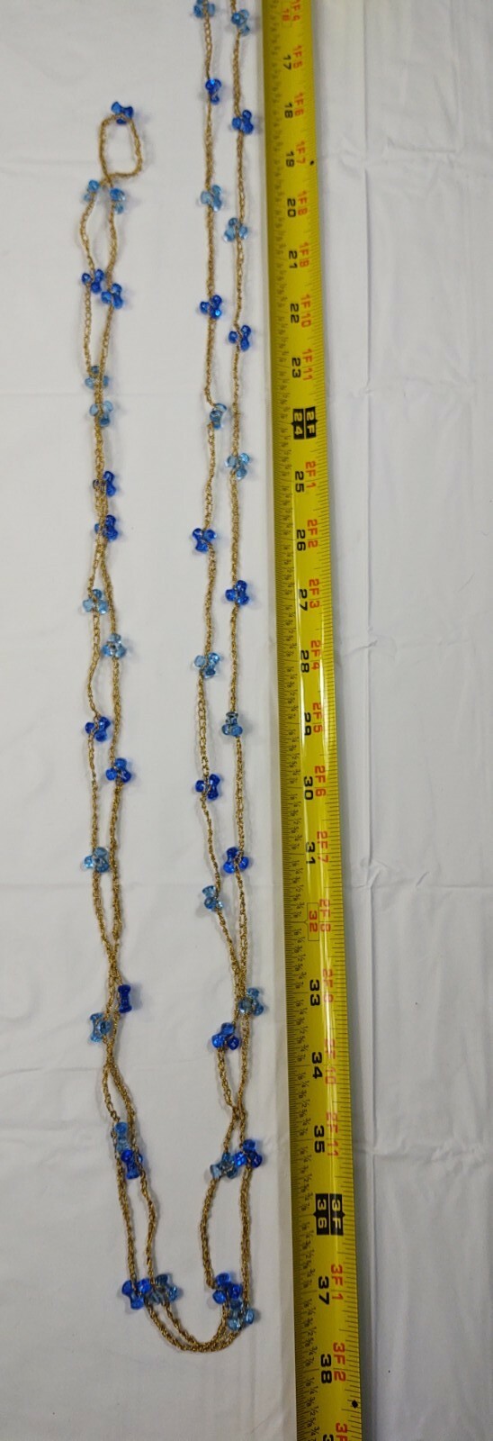 Vintage Blue Plastic Beaded Necklace Long Gold Tone Chain Costume Jewelry