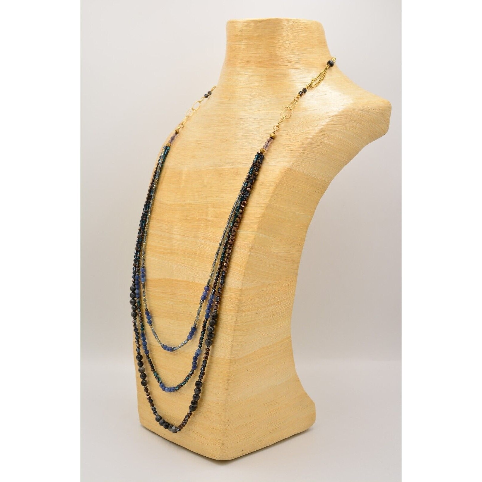 Nakamol Cabochon Necklace Blue Gray Crystal Beaded Chain Gold Tone SIgned 9J