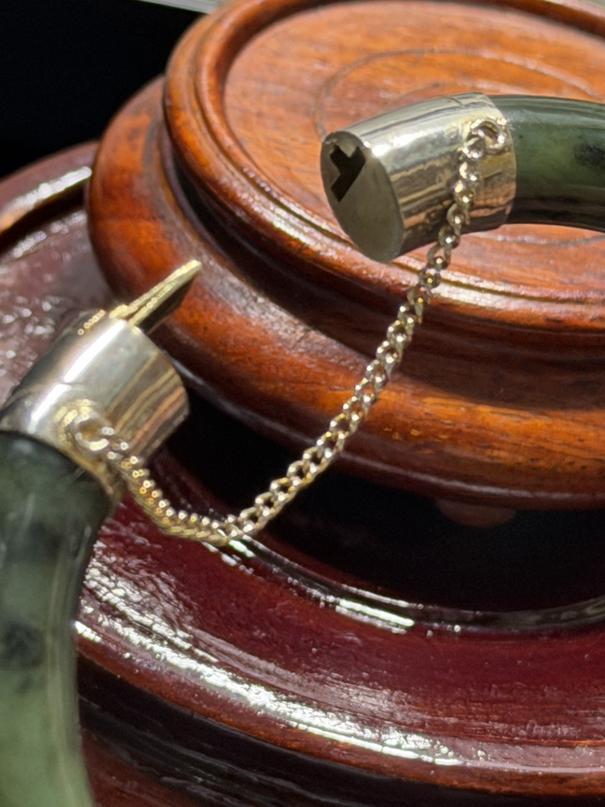 Vintage Jade And Sterling Silver Hinged Bangle Bracelet With Safety Chain