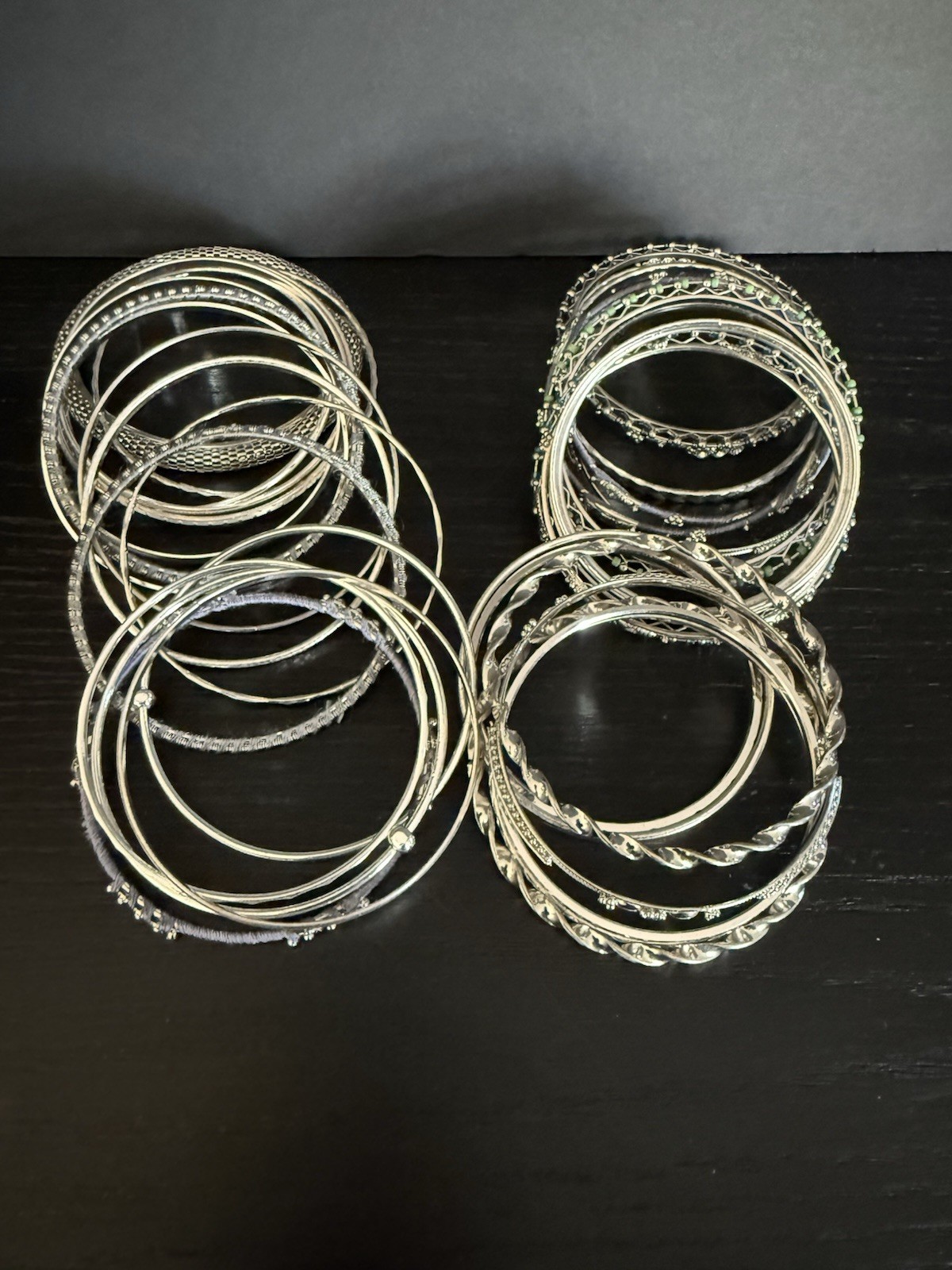 Lot Of 20+ Silver Tone Bangle Bracelets Thin Lightweight Stackable Textured