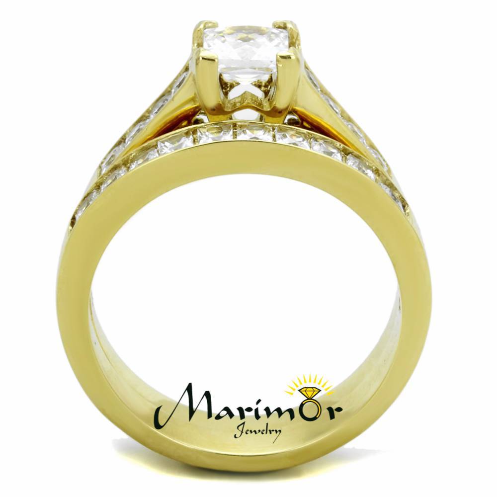 STAINLESS STEEL 2.50 CT PRINCESS CUT ZIRCONIA 14K GOLD PLATED WEDDING RING SET