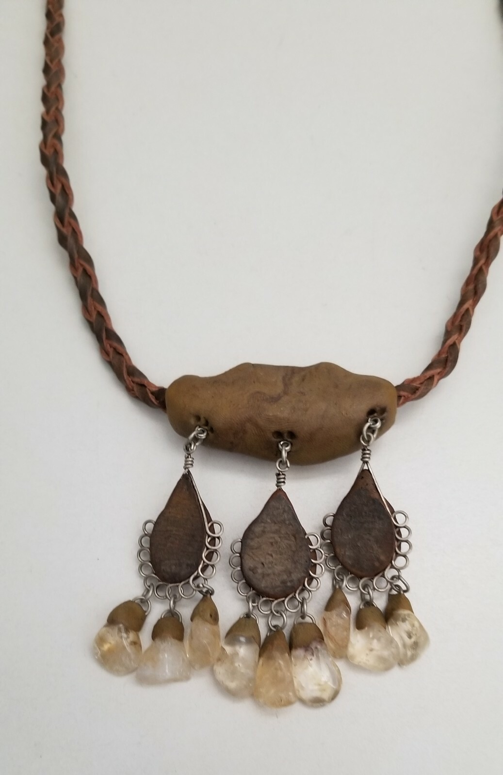 Artisan Crafted Semi- Precious Stone & Clay & Leather Necklace 18.5-20.5″