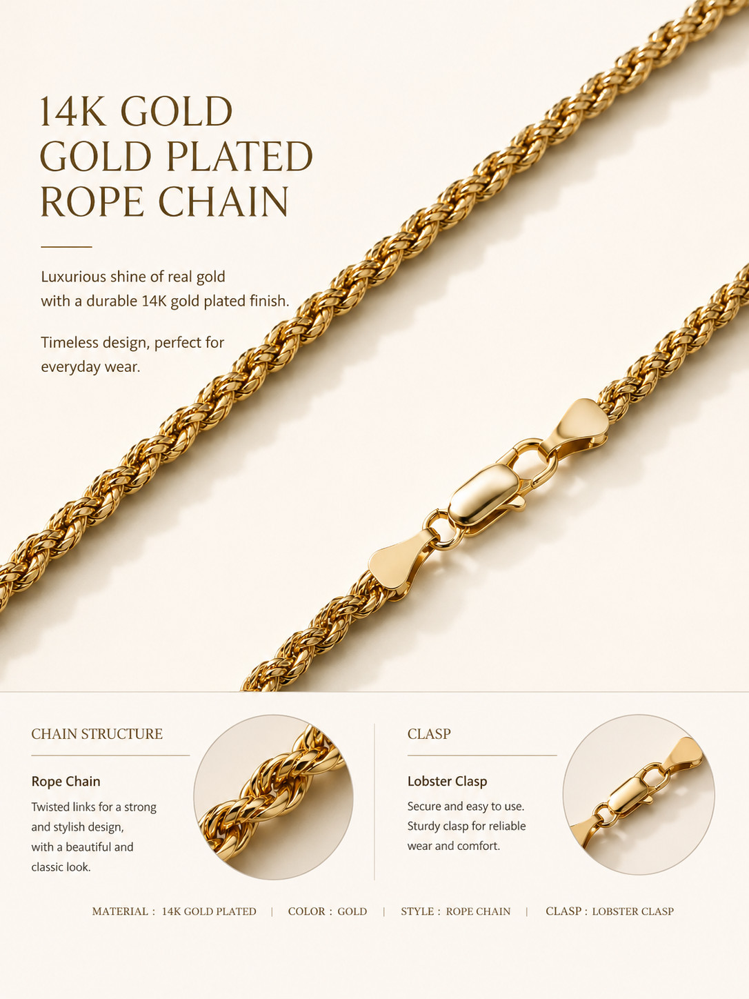 14K Gold Plated Rope Chain Necklace 18-30” 2mm-10mm Unisex Chain