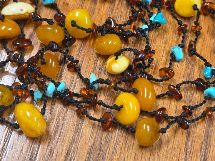 Artisan Genuine Amber Turquoise 84″ Beaded Necklace Multi Strand Knotted Cord