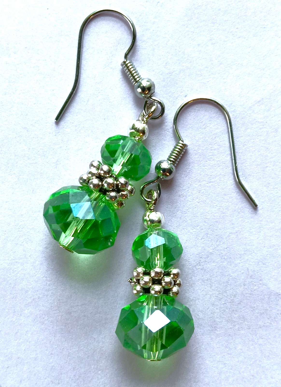 GREEN double Faceted CRYSTAL earring SP FISH HOOK handcrafted #250