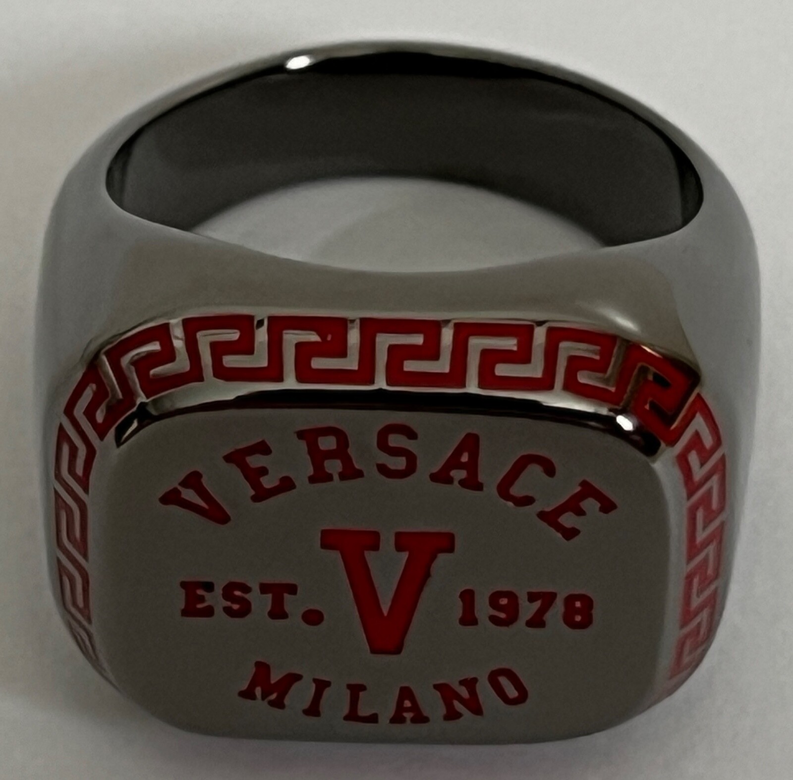 NIB Versace Varsity Red V Greek Key Logo Ruthenium Signet Ring Sz 17 US 8 $495