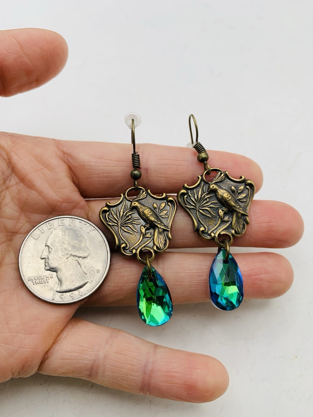Vintage Style Bronze Art Nouveau Enchanted Bird Rainbow Blue AB Hook Earrings