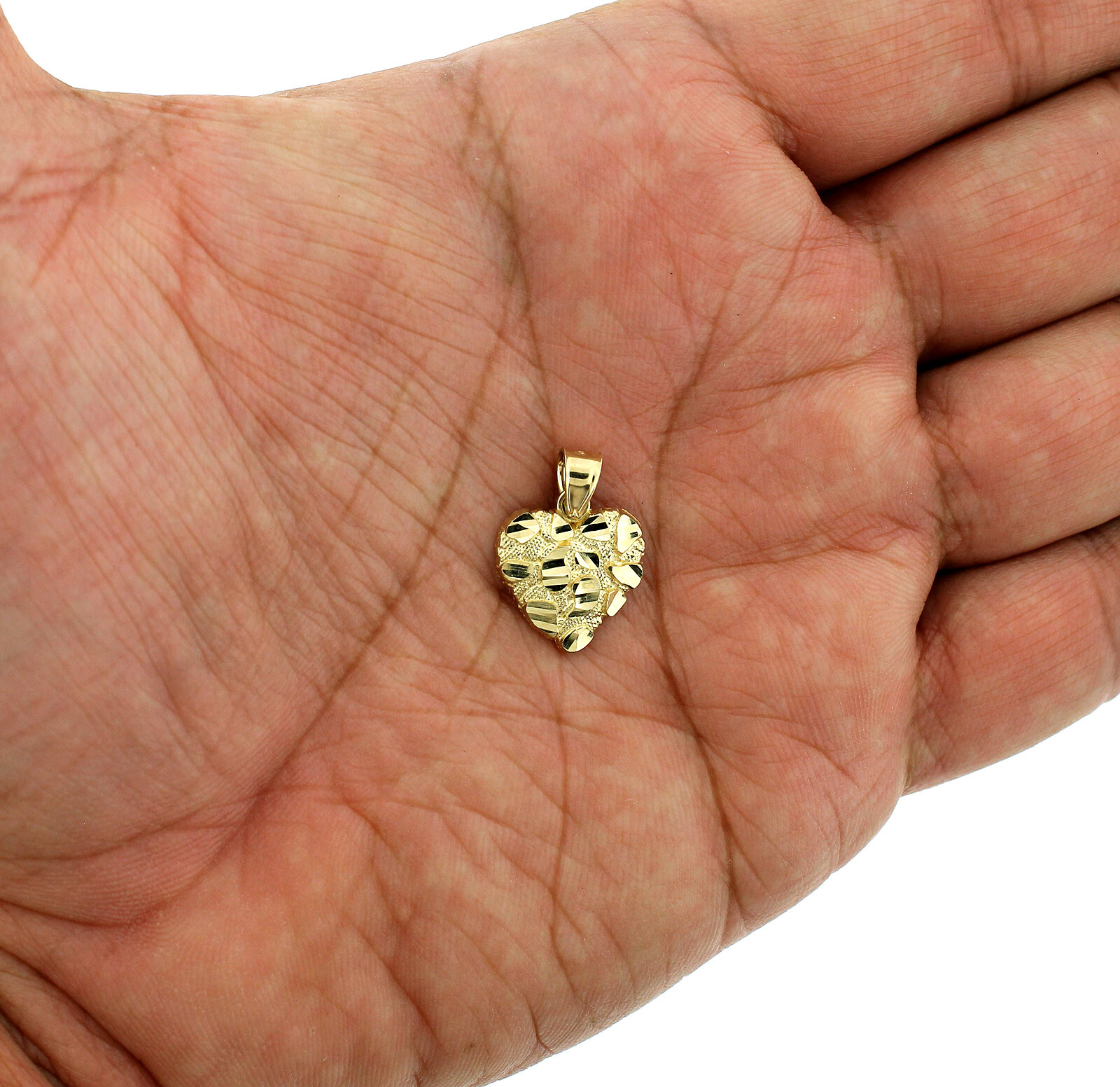 Real 10K Yellow Gold Nugget Heart Charm Pendant With 2.5mm Rope Chain