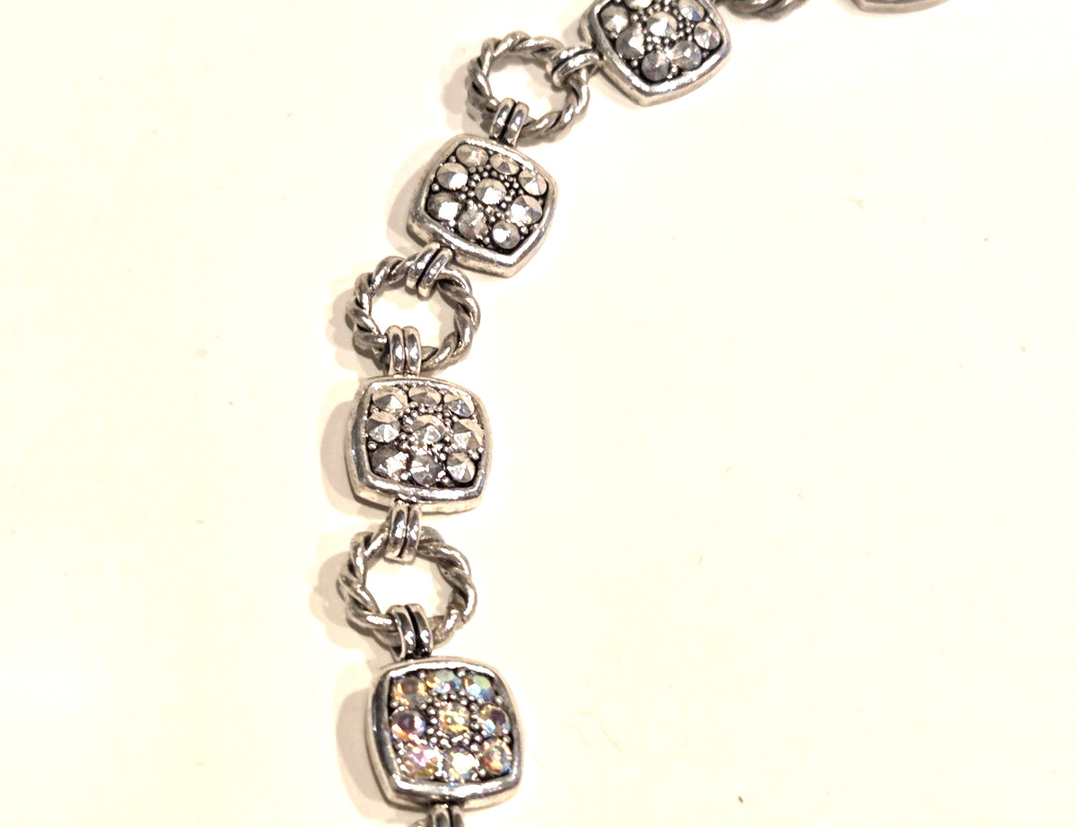 Necklace -Silver Tone Faux Citrine Yellow Orange and Glittery Links 19″