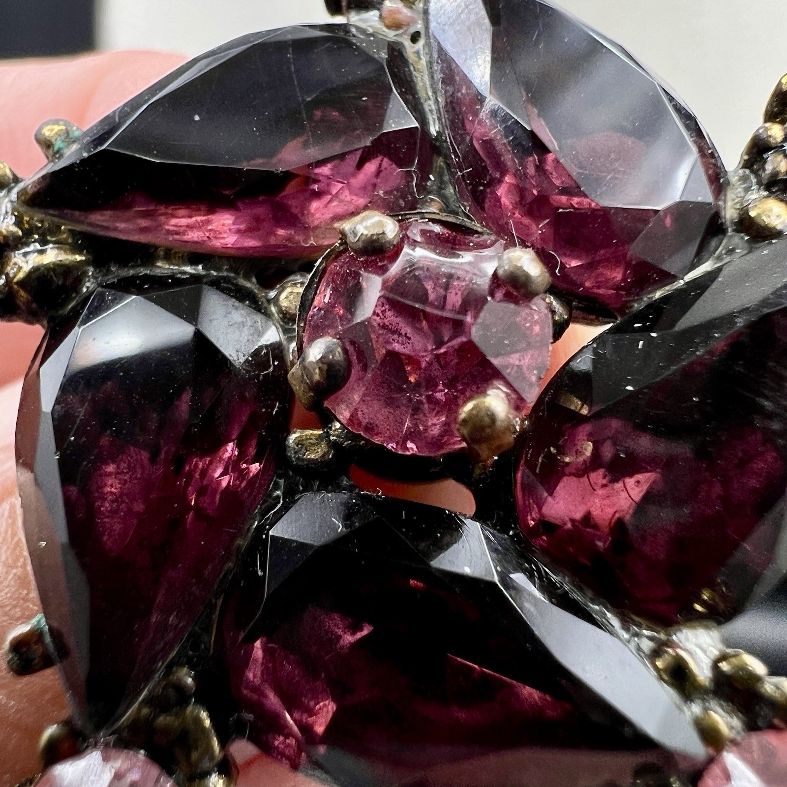 Vintage Plum Purple Navette Rhinestone Floral Statement Brooch Gold Tone
