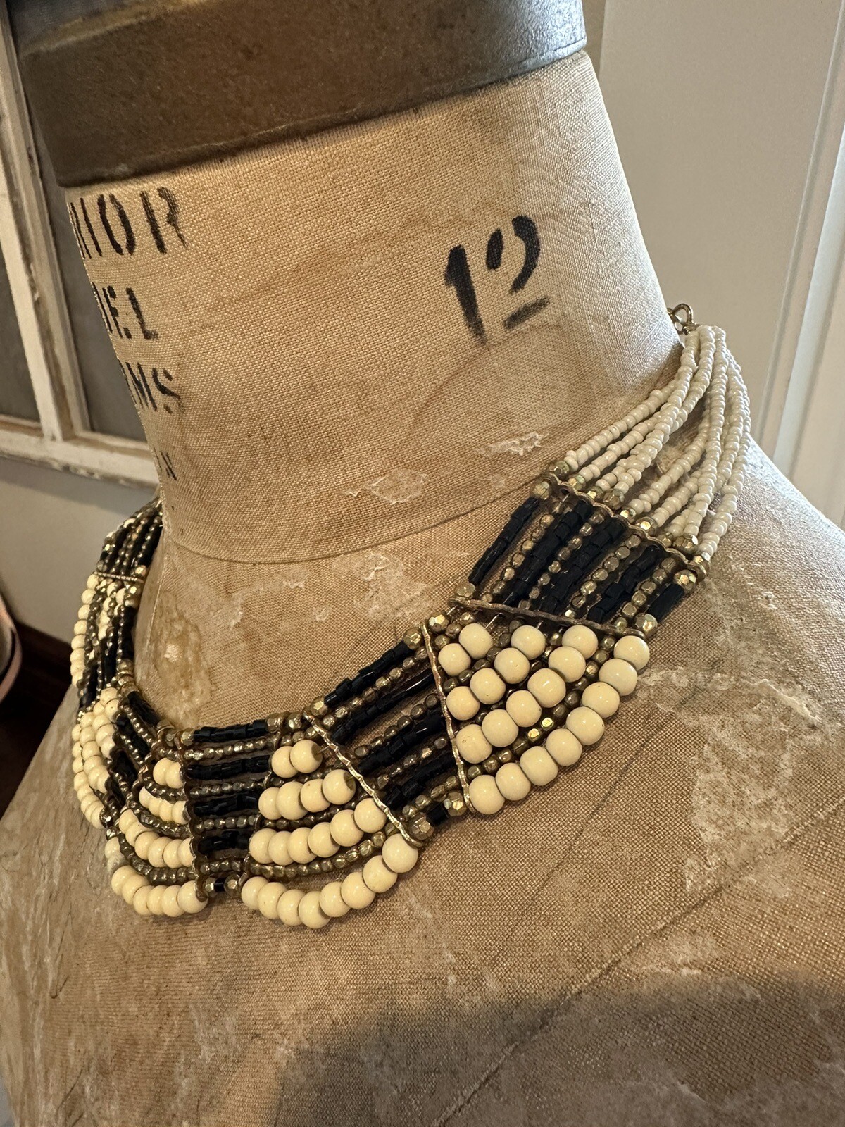 Multi-Strand Beaded Choker Bib Necklace Boho Tribal Black Cream Gold Festival