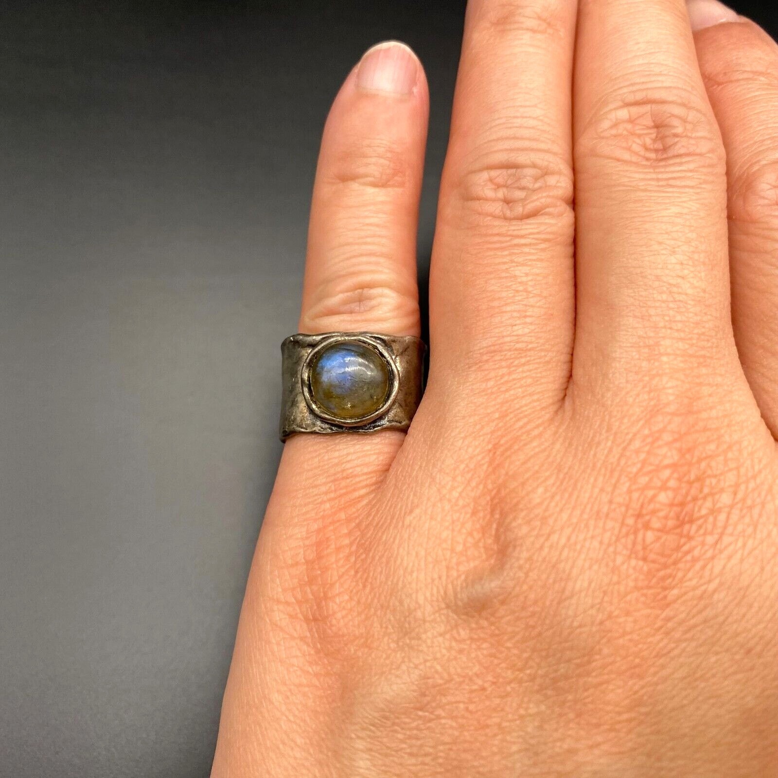 Vintage Israel Labradorite Sterling Silver Band Ring Size 7.5
