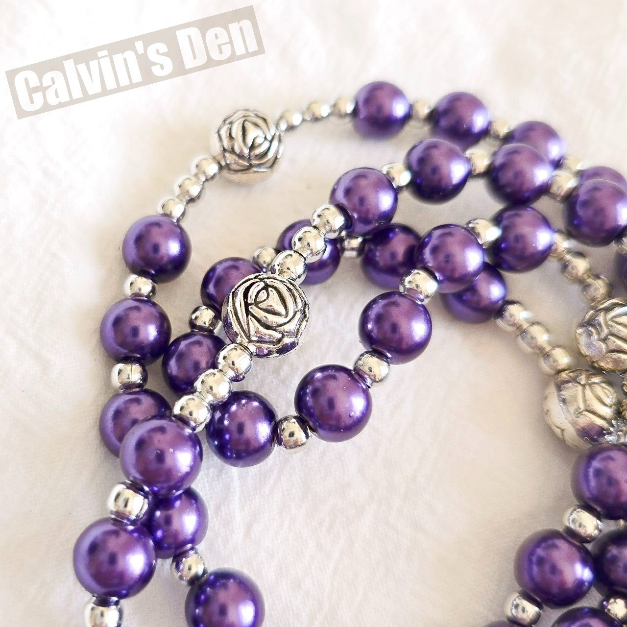 Purple Pearl Bead Rosary Necklace Miraculous Medal Rosebud Crucifix Cross Gift