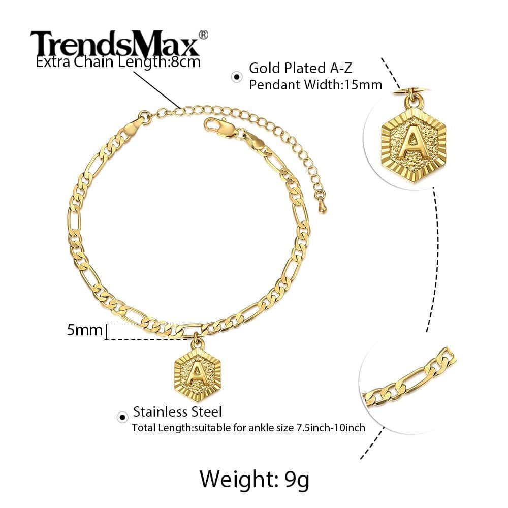 Figaro Chain Initial A-Z Anklet Bracelet Gold Plated Stainless Steel Summer Hot