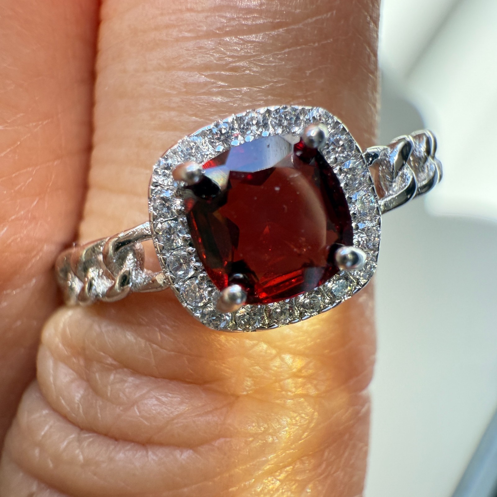 925 Sterling Silver Ring 5mm Natural Rhodolite Garnet Zircon Handmade Chain Gift