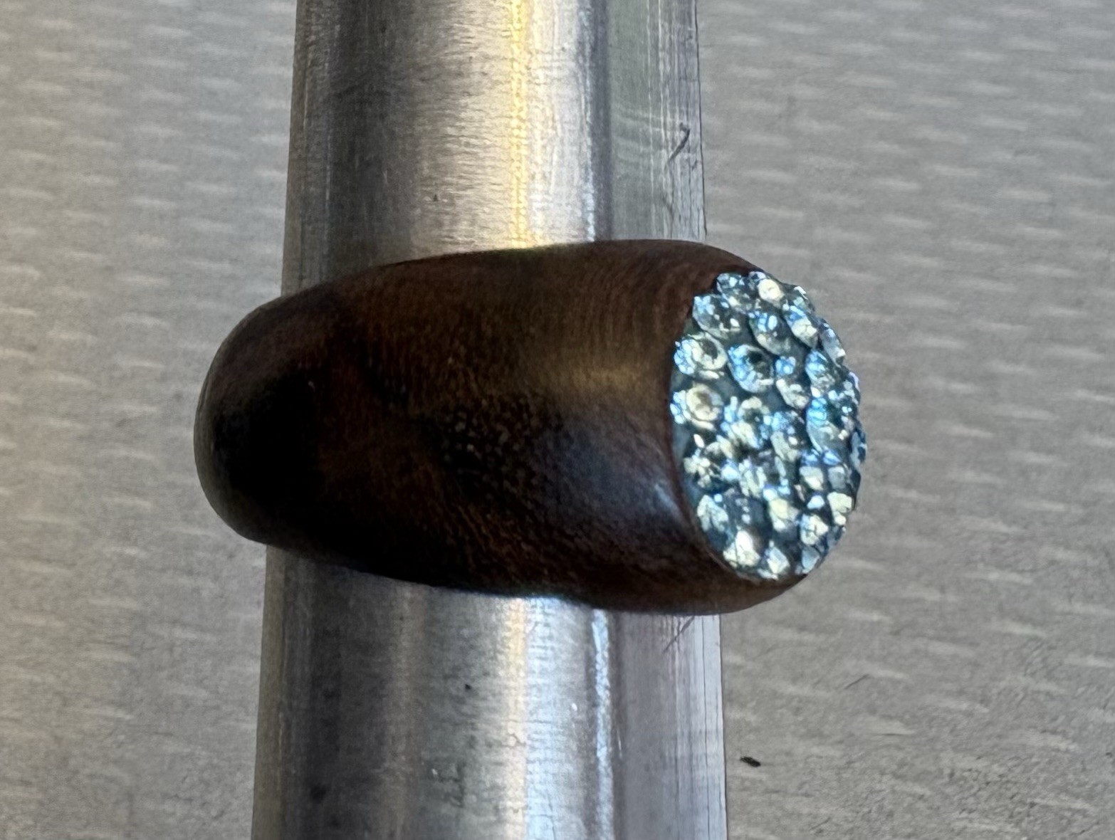 Walnut Wood Ring Aqua Swarovski Crystal Pave Set Dome size 7.25