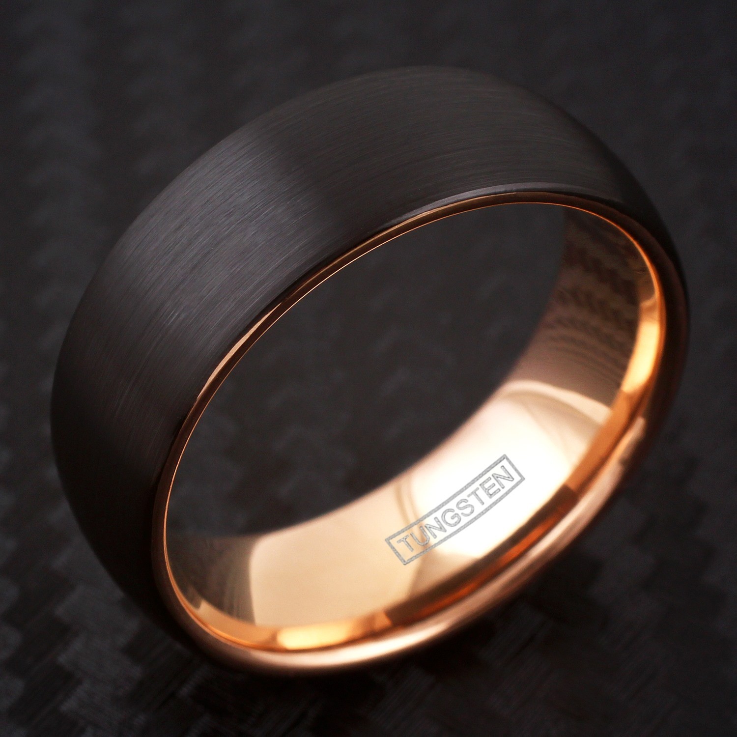 Black Brushed Tungsten Domed Rose Gold Plated Side & Inside Wedding Band Ring