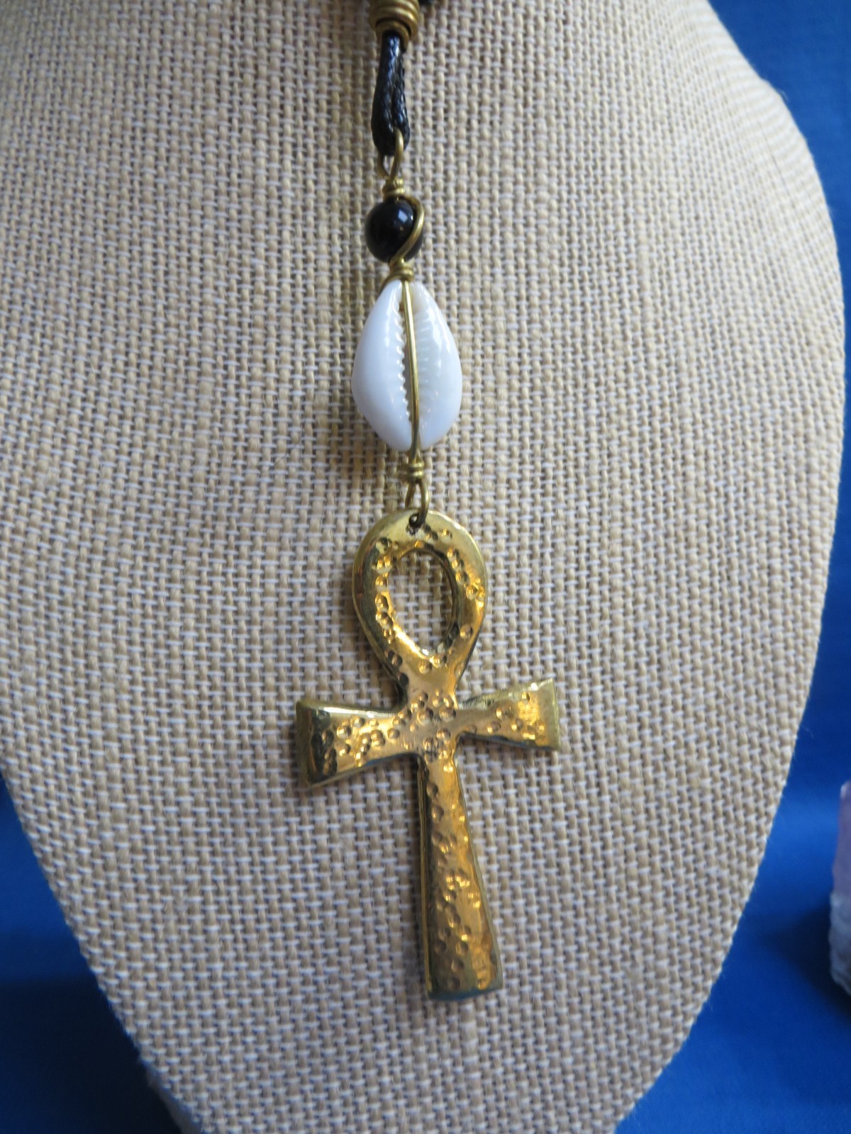 KENYA African Ethnic Jewelry EGYPTIAN ANKH CROSS BRASS/ COWRIE PENDANT NECKLACE