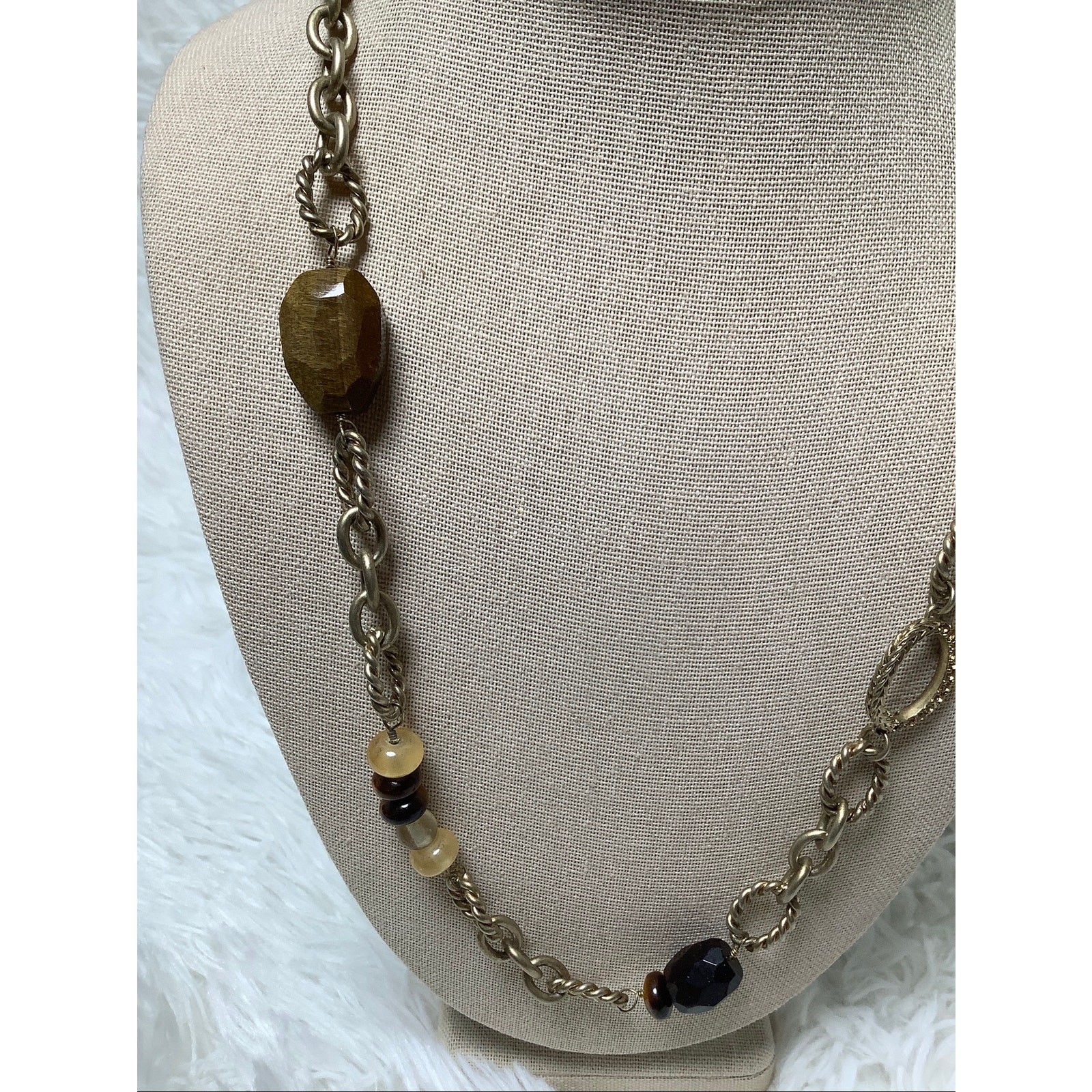 Ellen Tracy Gold Tone Amber Beaded Layered Station Chain Necklace Boho A5-35