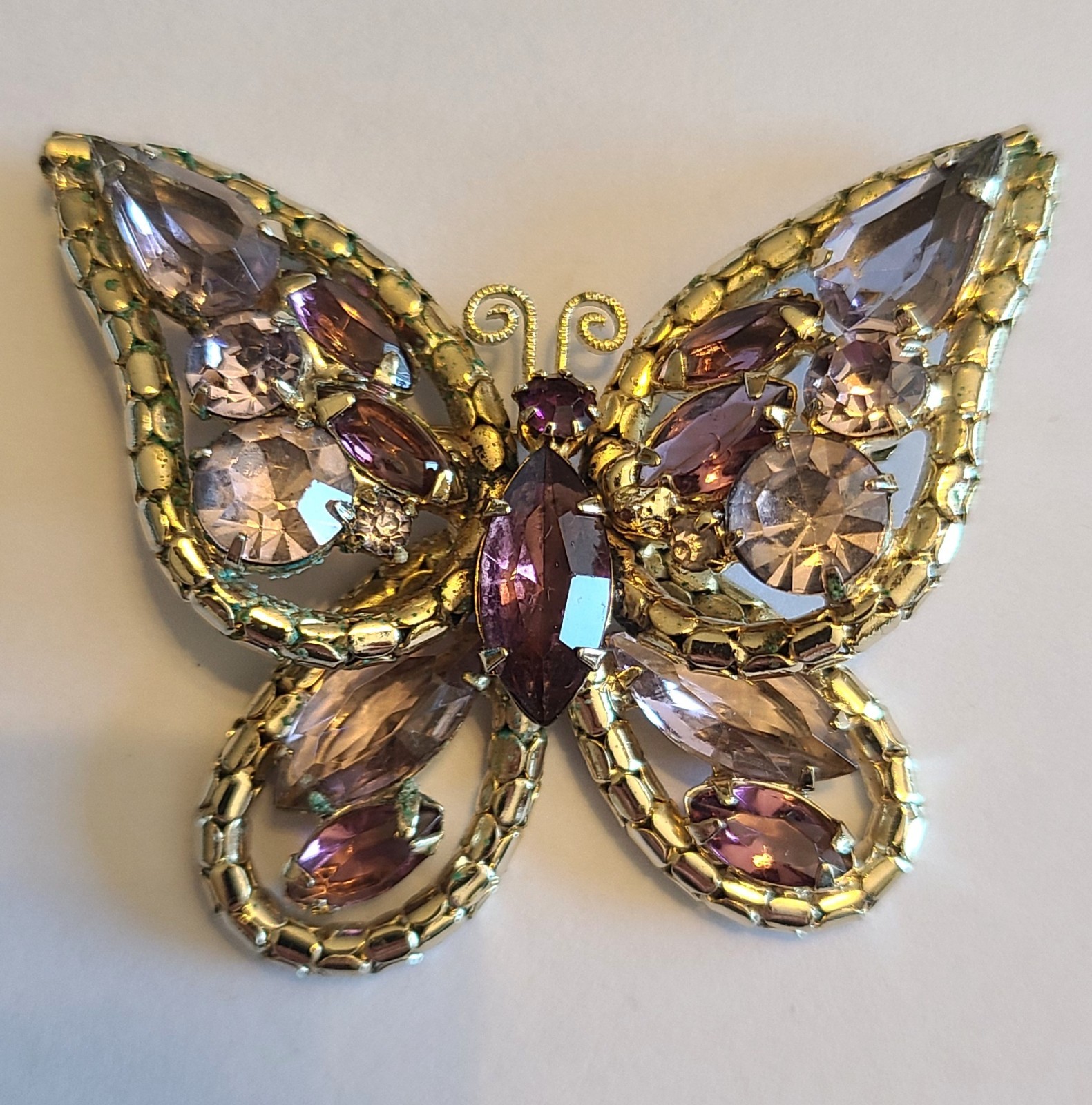 Vintage Gold Tone With Purple Rinestones Butterfly Brooch
