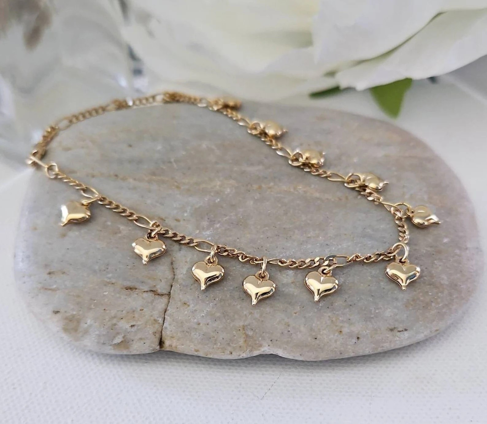 Gold Bracelet, Anklet or Choker, Dangling Hearts, 14k Heavy Plated Gold,