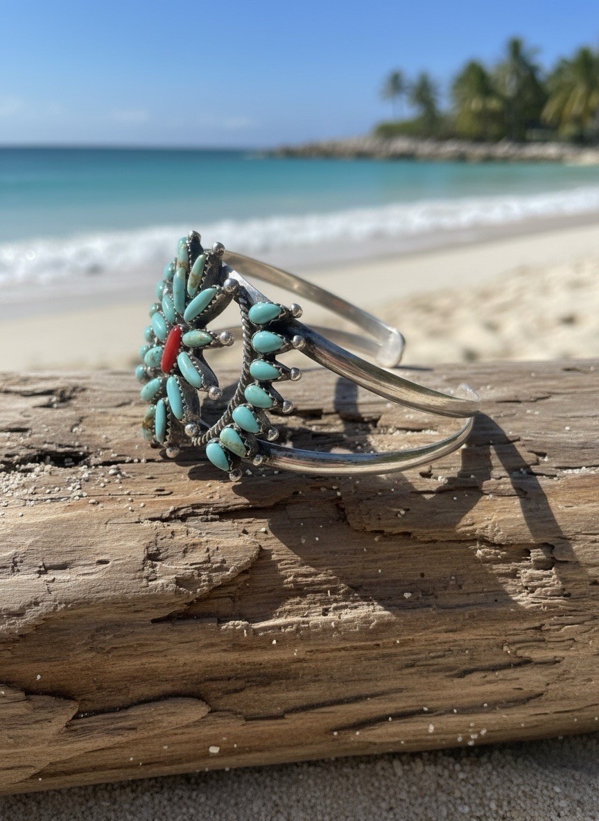 Zuni Sterling Silver Coral and Turquoise Needle + Petit Point Floral Cuff
