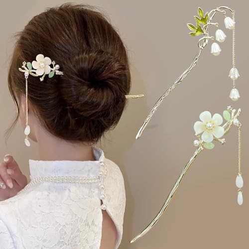 2Packs Lily of the Valley Chinese Hair Sticks for Buns, Pearl Flower white