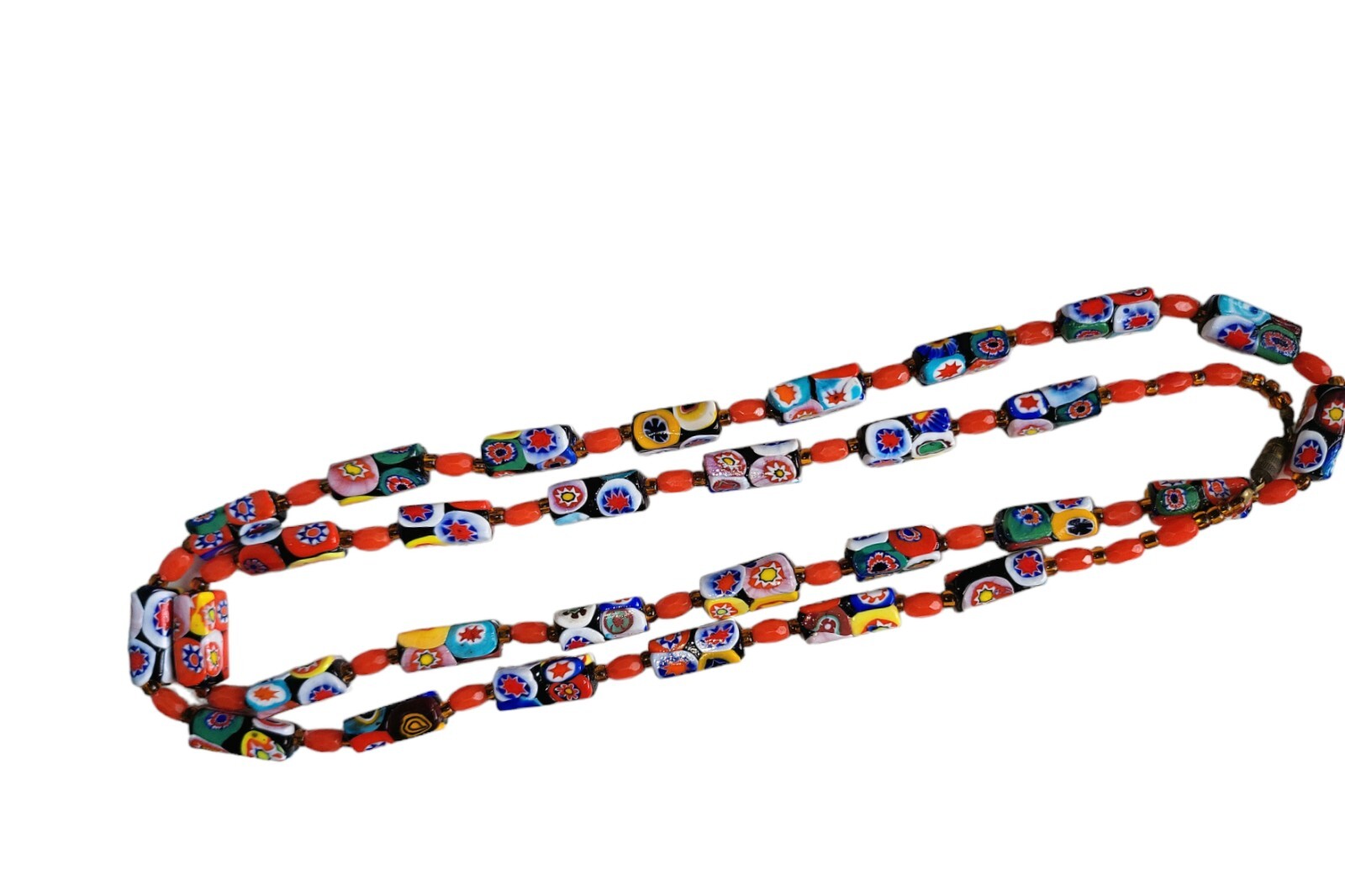 Vintage Venetian Murano Millefiori Glass Tube Bead Necklace 42″ Opera Italy
