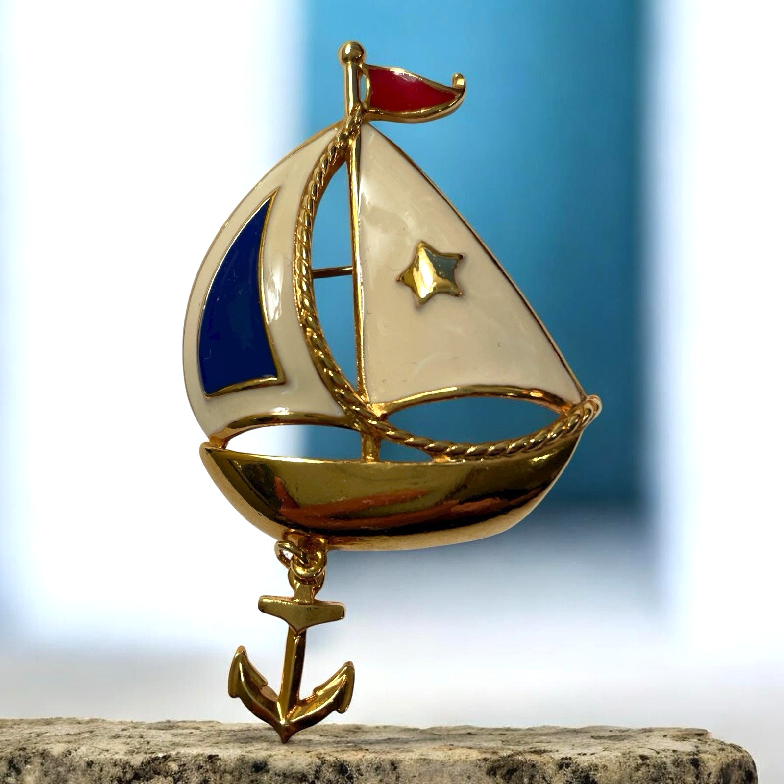 Nautical Sailboat Brooch Pin Blue & White Enamel w Goldtone Anchor Red Flag